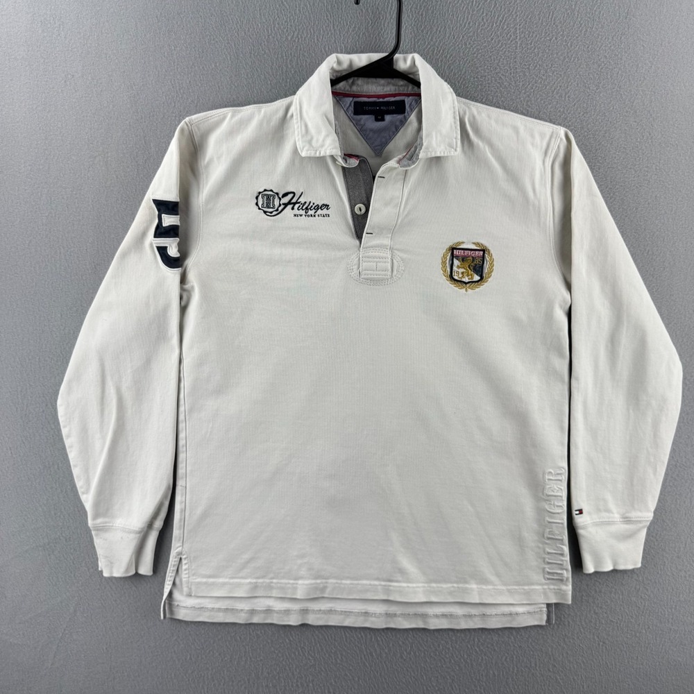 Vintage Tommy Hilfiger Rugby Shirt Mens Medium White Cotton Long Sleeve Polo Y2K